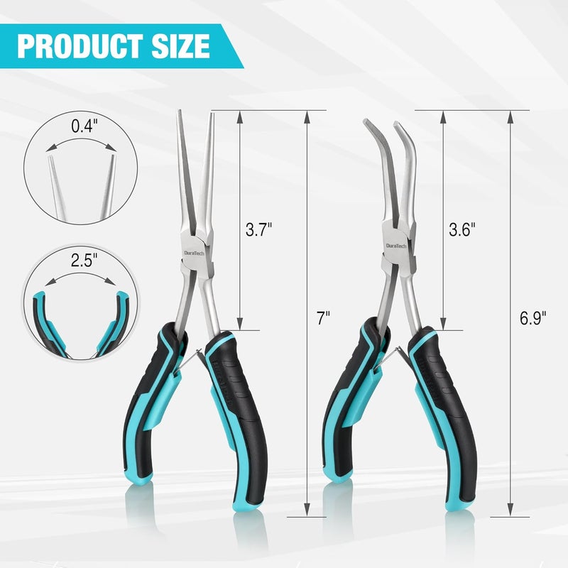 DURATECH 2PCS 7" Long Reach Needle Nose Pliers Set, Long Nose Pliers & Bent Nose Pliers, Small Needle Nose Pliers for Jewelry Making, Wire Wrapping, Wire Bending and Object Gripping on Narrow Space - Image 2